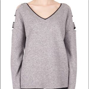 GUC Joseph Ribkoff gray and black cold shoulder cut out sleeve vneck long sleeve